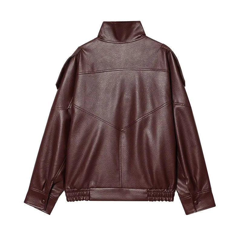 Jaqueta Feminina de Couro Legítimo Oversized Gola Alta – Bruges