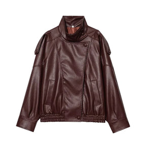 Jaqueta Feminina de Couro Legítimo Oversized Gola Alta – Bruges