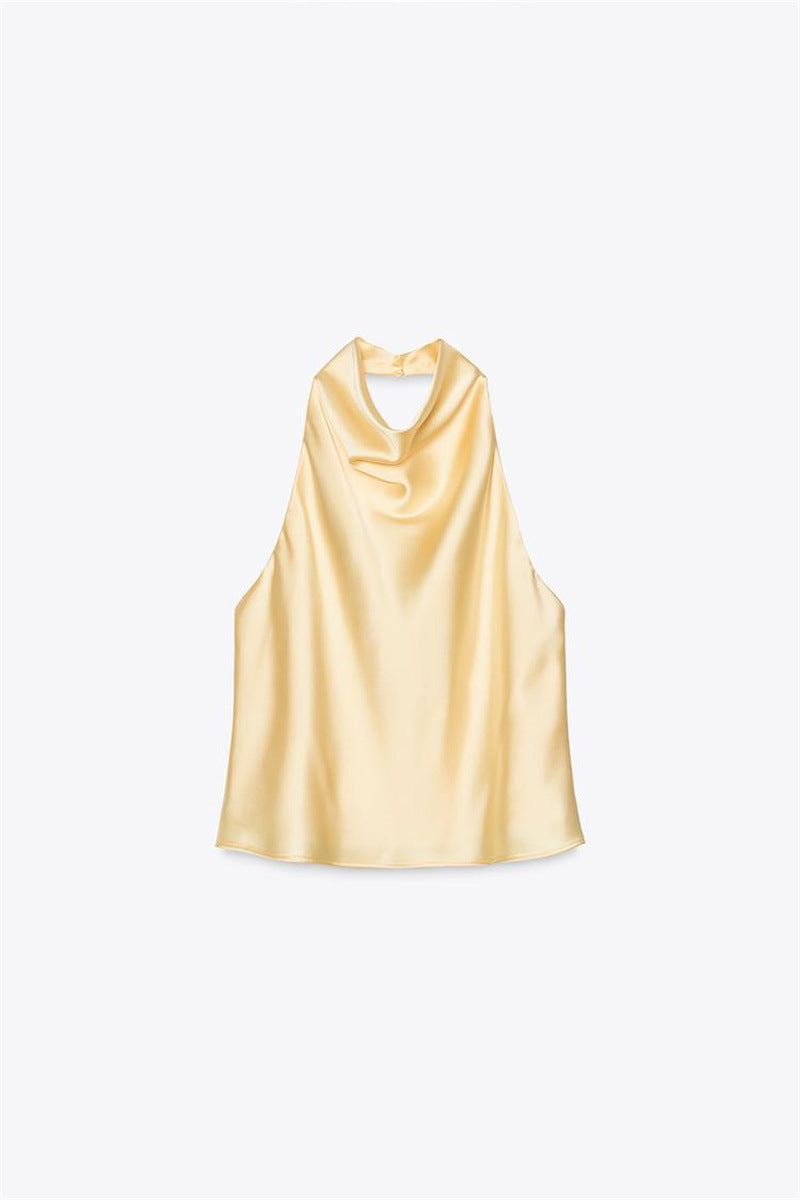 Top Halter de Cetim com Decote Drapeado