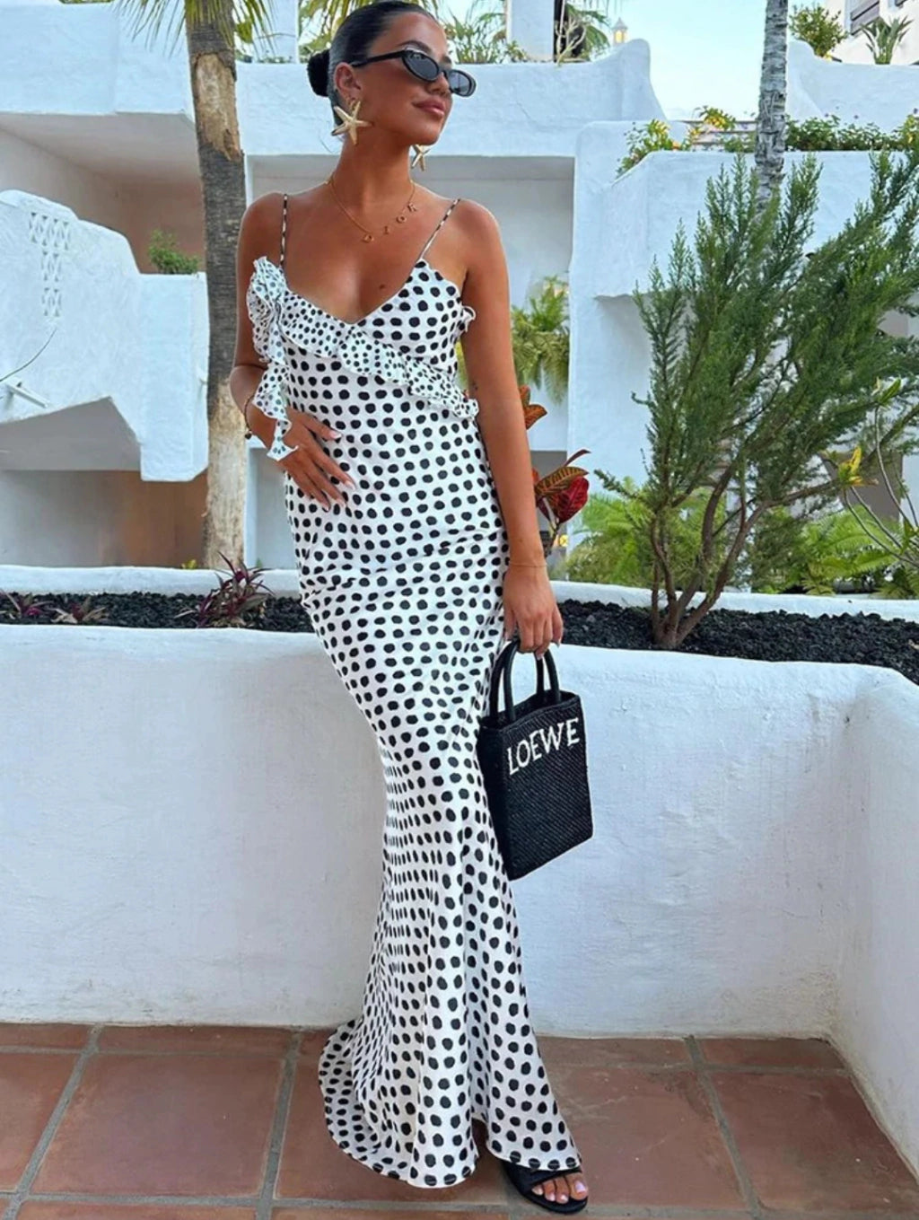 Vestido Longo com Estampa Poá