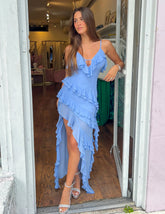 Vestido Longo de Babados com Fenda Lateral - Jade