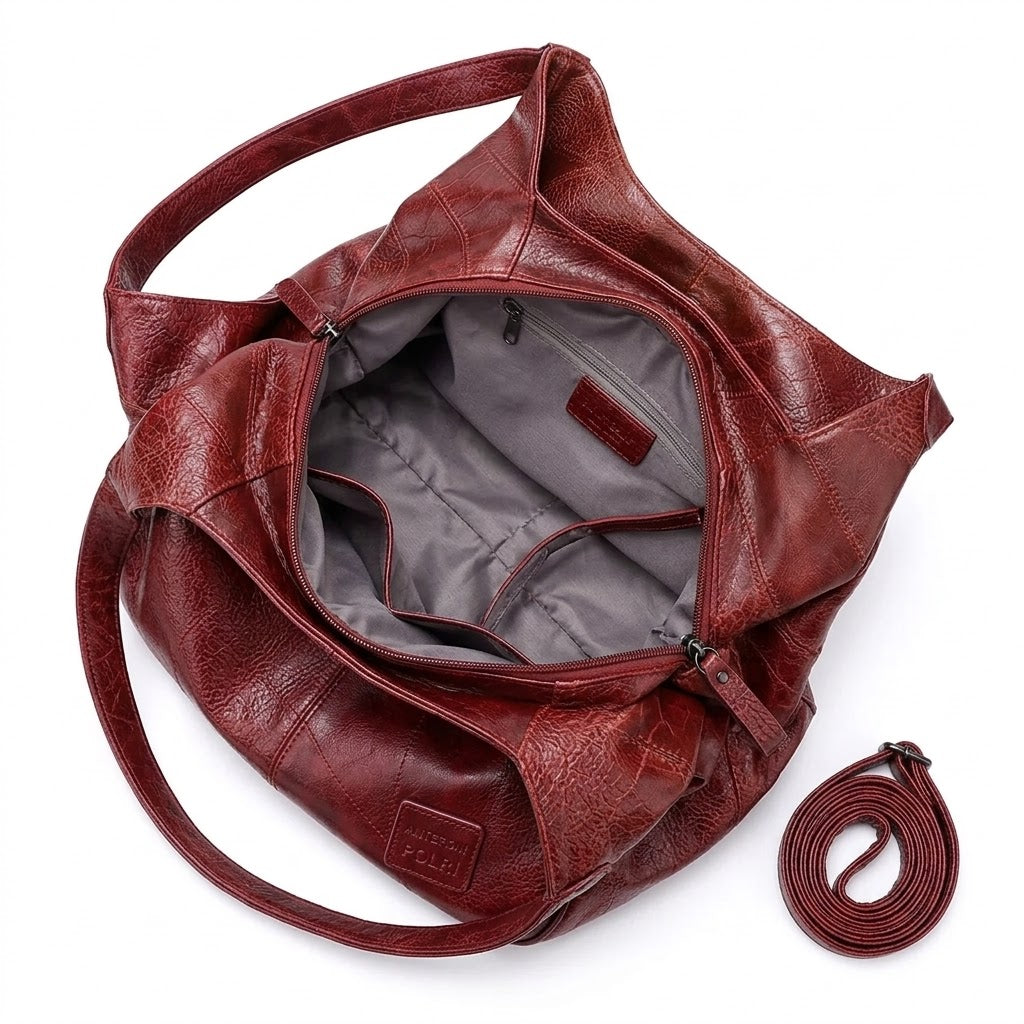 Bolsa Feminina de Couro Premium Hobo com Textura Patchwork – Bordeaux