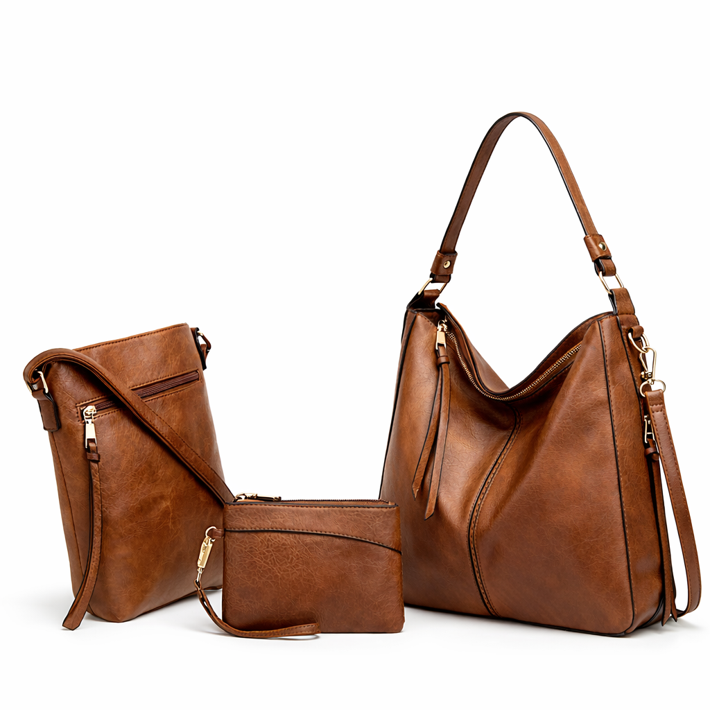 Kit de Bolsas Femininas de Couro Premium 3 em 1 com Hobo, Crossbody e Clutch – Corsica