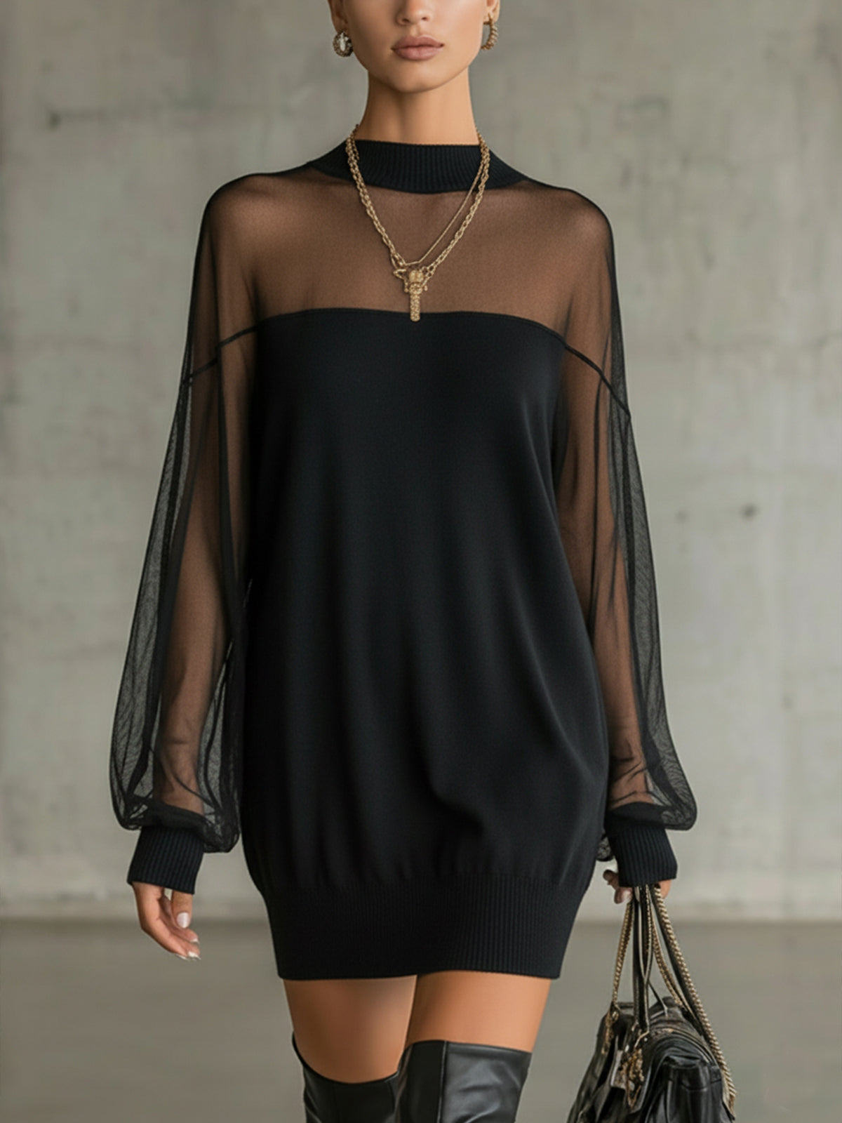 Vestido Feminino Curto de Tricô com Manga de Tule e Gola Alta – Praga