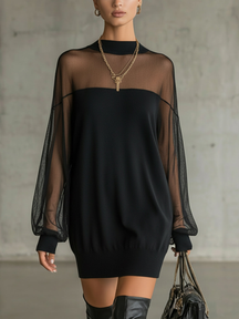 Vestido Feminino Curto de Tricô com Manga de Tule e Gola Alta – Praga