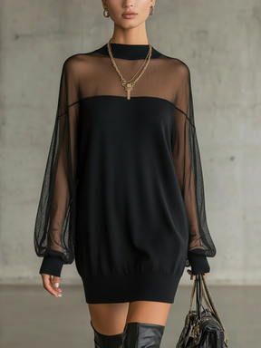 Vestido Feminino Curto de Tricô com Manga de Tule e Gola Alta – Praga
