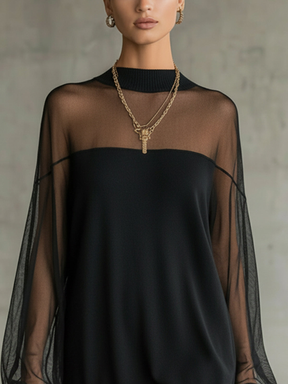 Vestido Feminino Curto de Tricô com Manga de Tule e Gola Alta – Praga