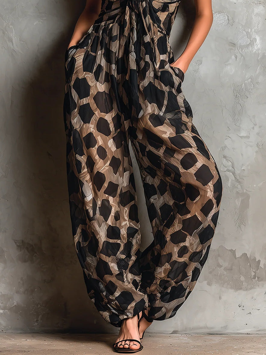 Macacão Feminino Pantalona Animal Print em Chiffon com Amarração – Kalahari