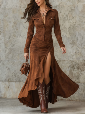 Vestido Feminino Longo Western de Camurça com Fenda e Babados – Montana