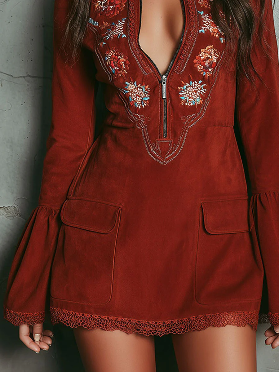 Vestido Feminino Curto Vintage de Manga Sino em Microsuede – Havana