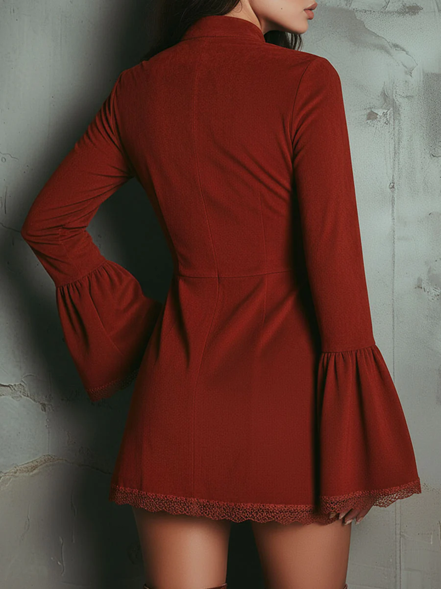 Vestido Feminino Curto Vintage de Manga Sino em Microsuede – Havana