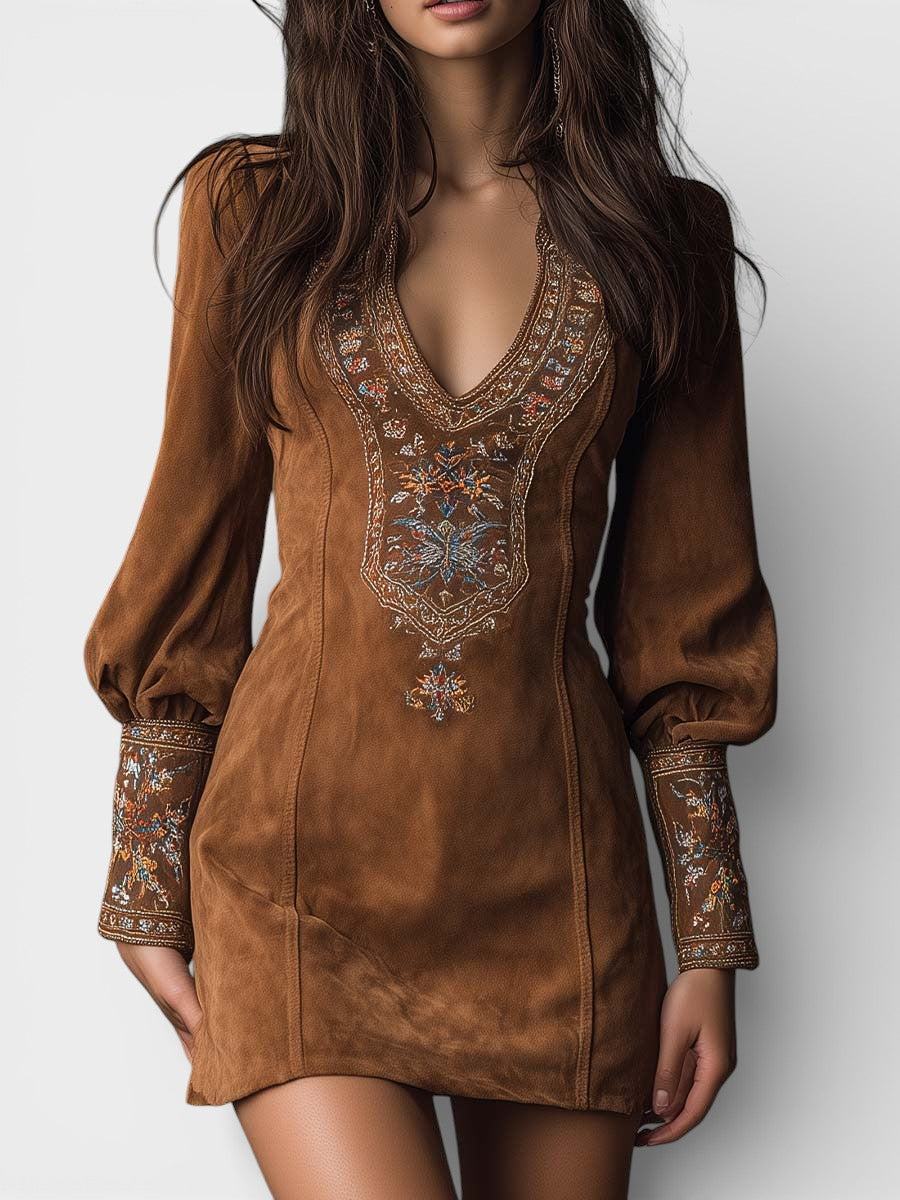 Vestido Feminino Curto Boho de Camurça com Bordado Floral – Marrakesh