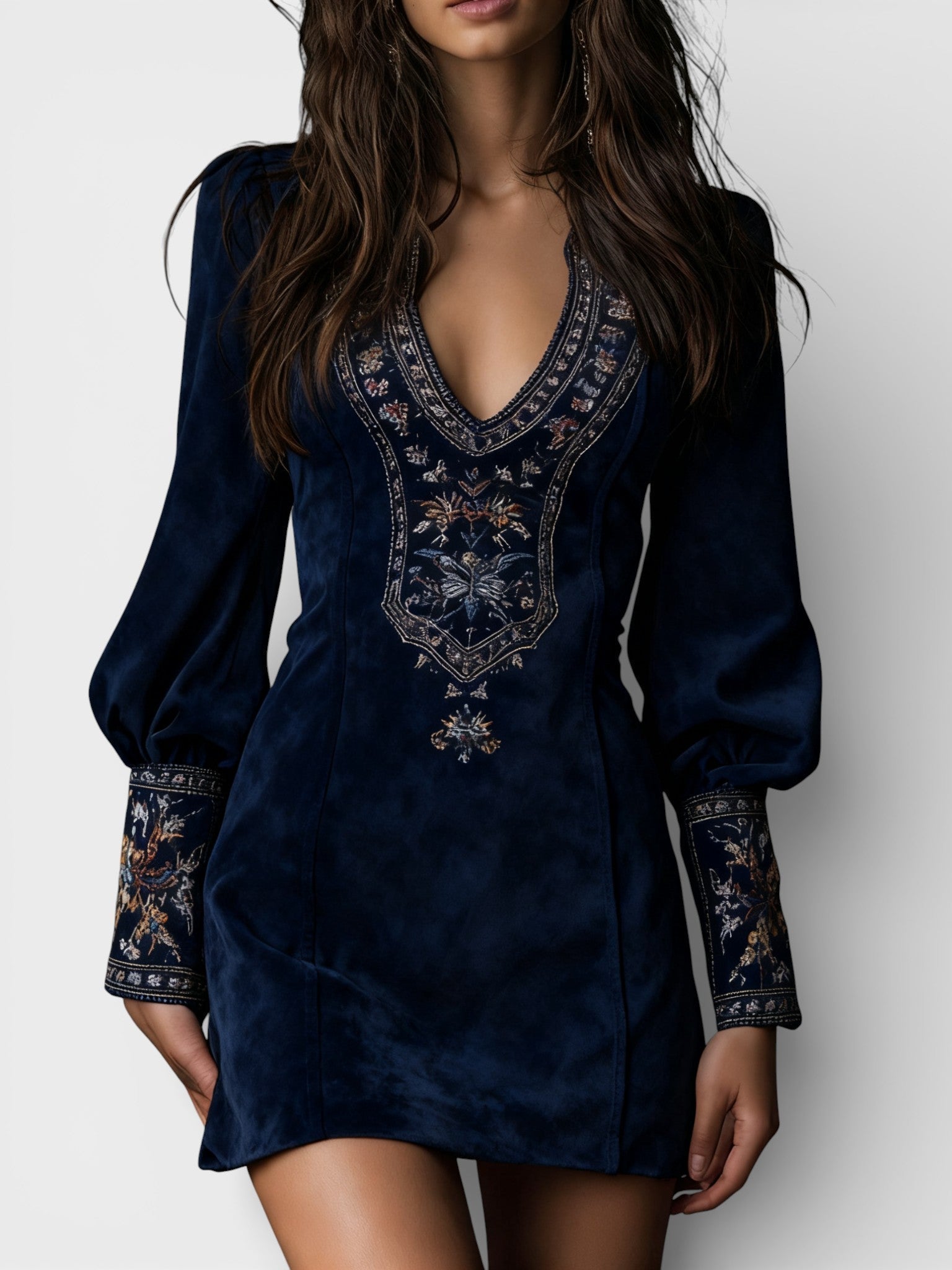 Vestido Feminino Curto Boho de Camurça com Bordado Floral – Marrakesh
