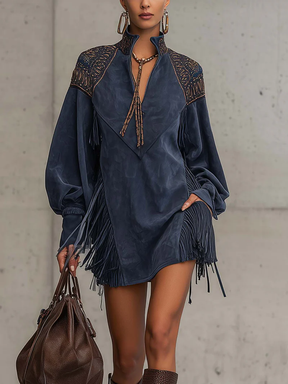 Vestido Feminino Azul Curto Boho de Suede com Franjas e Bordado – Tulum