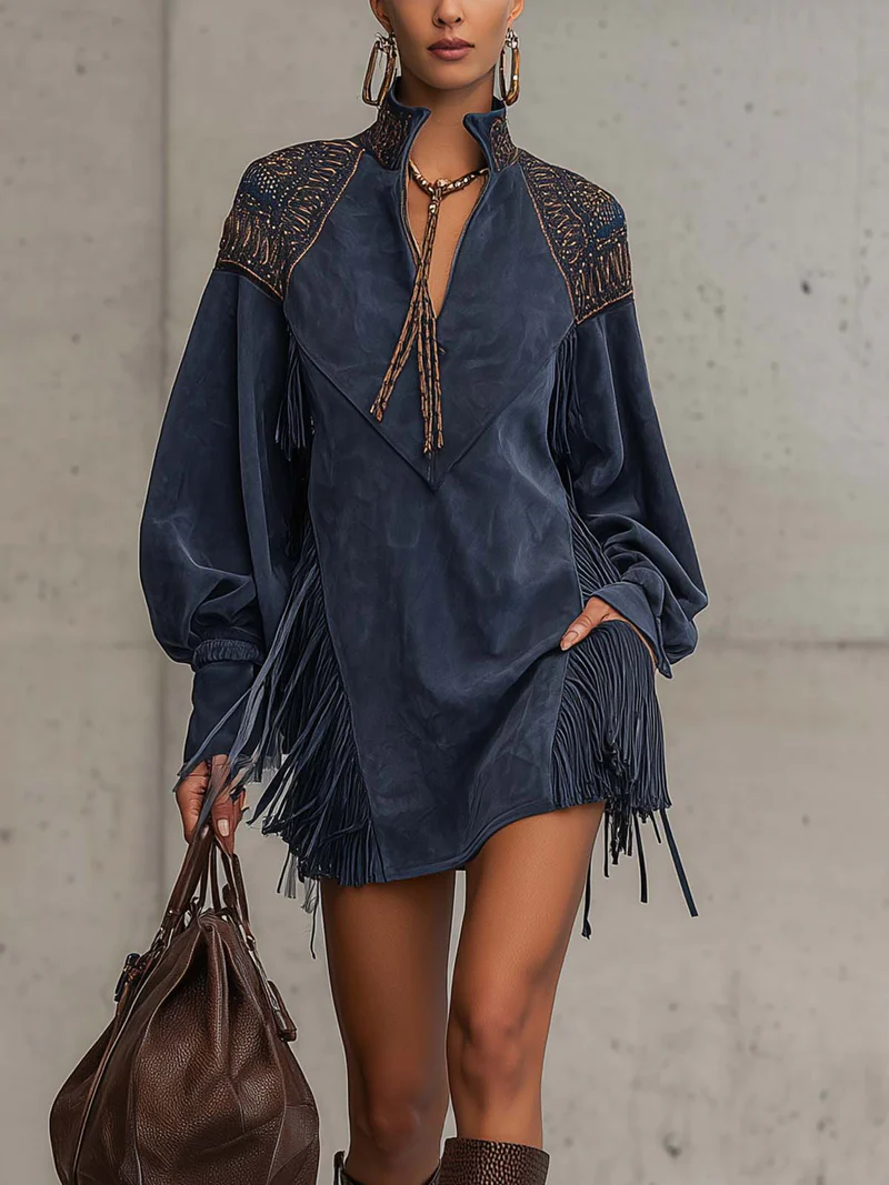 Vestido Feminino Azul Curto Boho de Suede com Franjas e Bordado – Tulum
