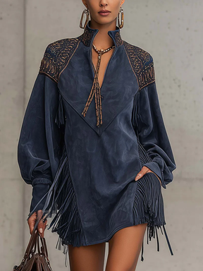 Vestido Feminino Azul Curto Boho de Suede com Franjas e Bordado – Tulum