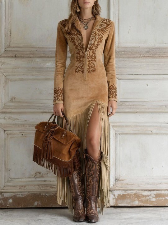 Vestido Feminino Longo Western de Camurça com Franjas e Bordado – Dakota