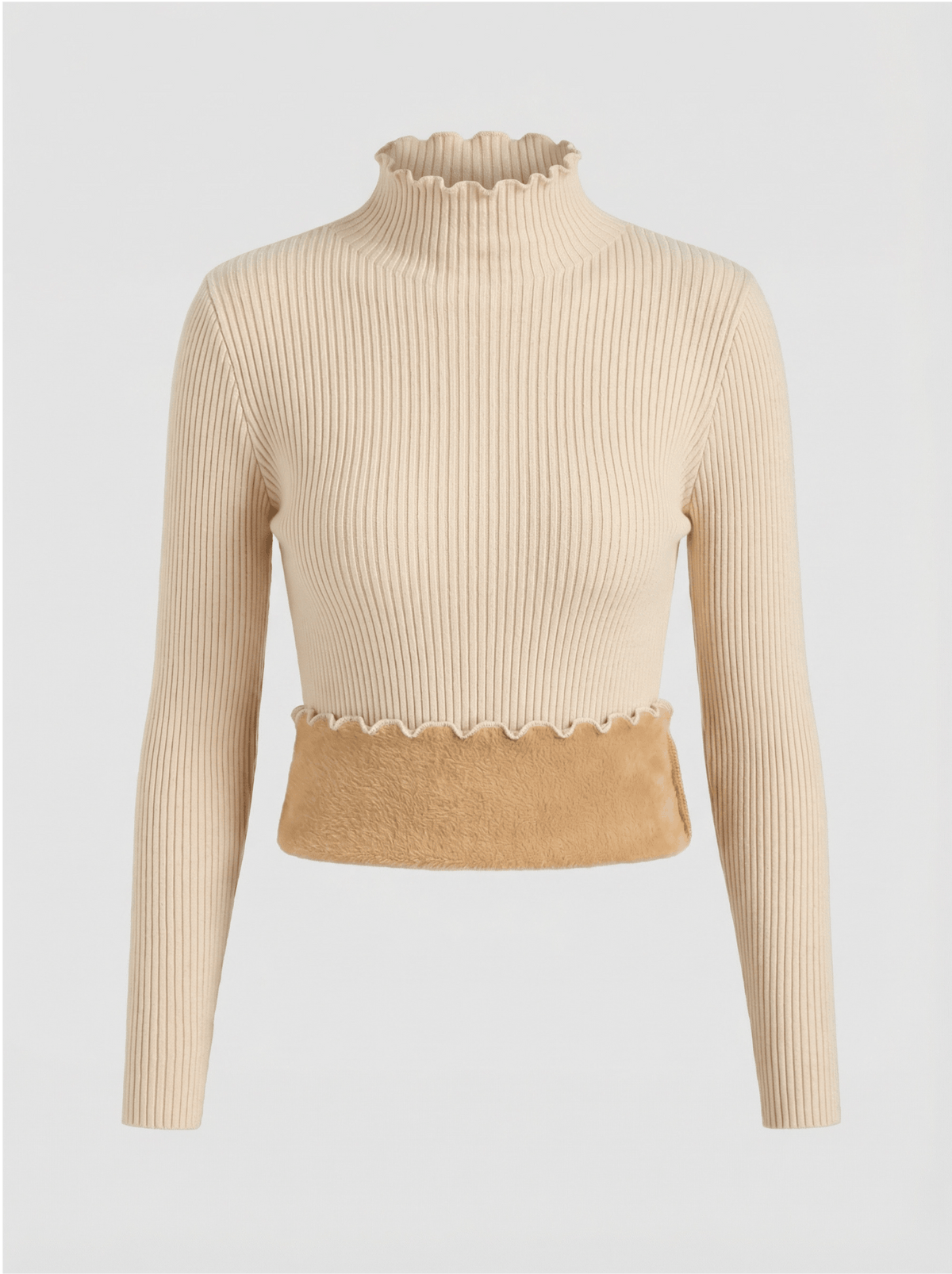 Blusa Peluciada e Canelada com Gola Alta