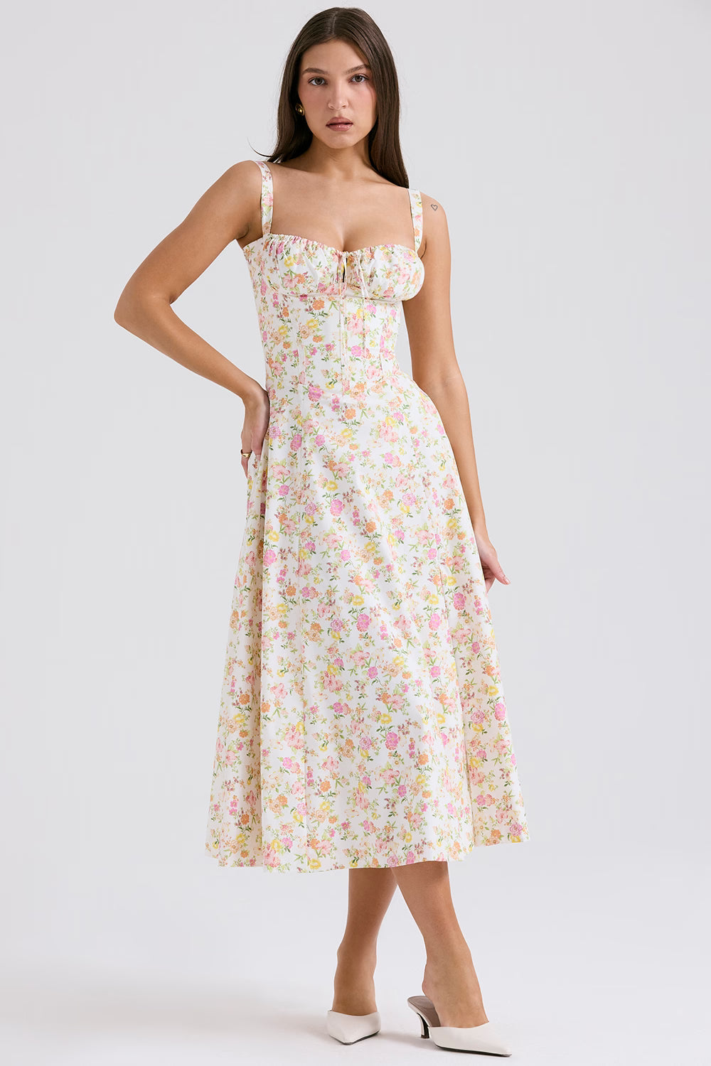 Vestido Midi Floral com Corselete e Fenda Frontal — Florence