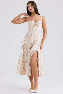 Vestido Midi Floral com Corselete e Fenda Frontal — Florence