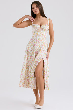 Vestido Midi Floral com Corselete e Fenda Frontal — Florence