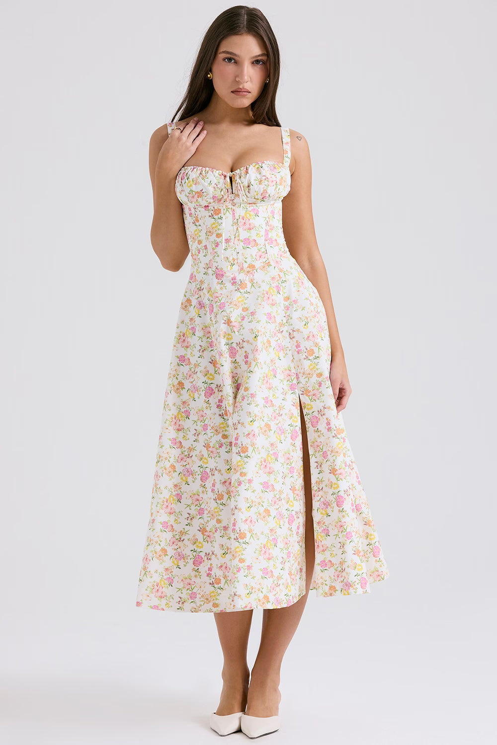 Vestido Midi Floral com Corselete e Fenda Frontal — Florence