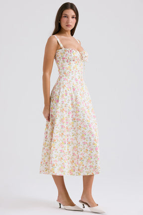 Vestido Midi Floral com Corselete e Fenda Frontal — Florence