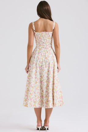 Vestido Midi Floral com Corselete e Fenda Frontal — Florence