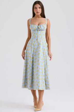 Vestido Midi Floral com Corselete e Fenda Frontal — Florence