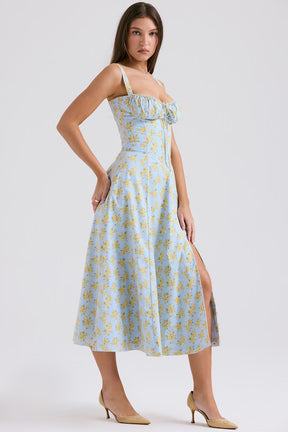 Vestido Midi Floral com Corselete e Fenda Frontal — Florence