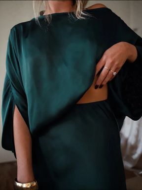 Vestido Feminino Longo de Cetim Ombro Caído com Manga Ampla – Firenze