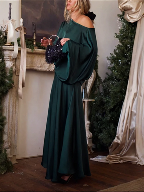 Vestido Feminino Longo de Cetim Ombro Caído com Manga Ampla – Firenze