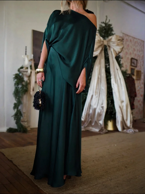 Vestido Feminino Longo de Cetim Ombro Caído com Manga Ampla – Firenze