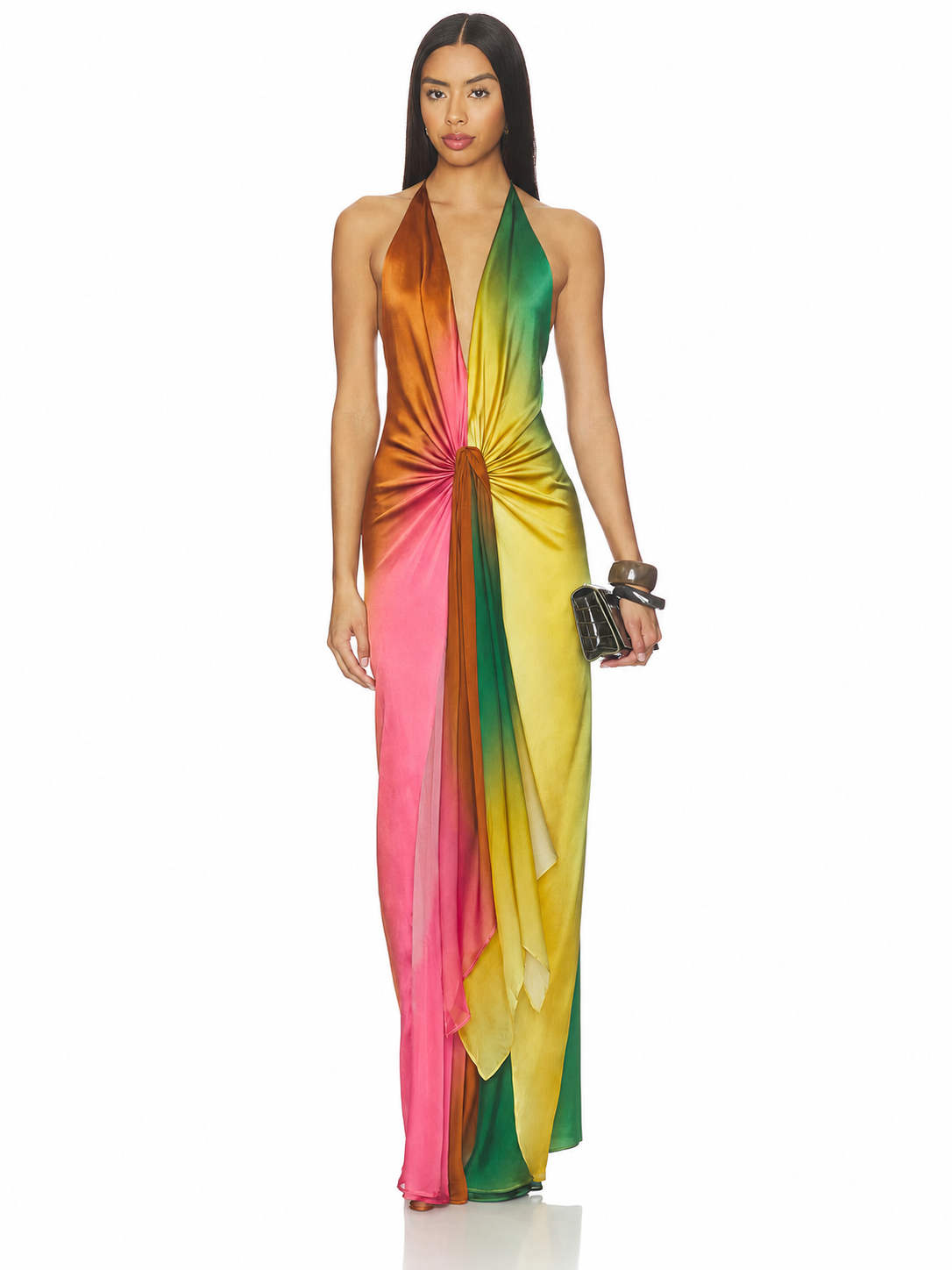 Vestido Feminino Longo Frente Única Tie Dye em Cetim com Nó – Copacabana