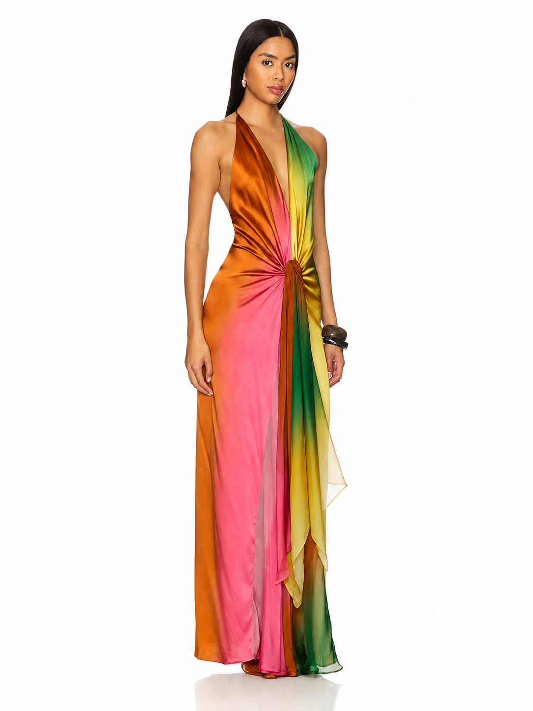 Vestido Feminino Longo Frente Única Tie Dye em Cetim com Nó – Copacabana