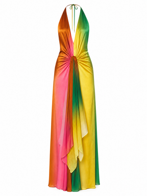 Vestido Feminino Longo Frente Única Tie Dye em Cetim com Nó – Copacabana