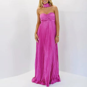 Vestido Feminino Longo Plissado com Echarpe Tomara que Caia – Amabile