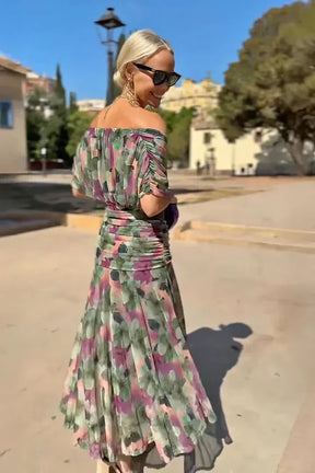 Vestido Feminino Longo Ombro a Ombro Estampado com Franzido – Positano