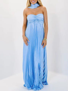 Vestido Feminino Longo Plissado com Echarpe Tomara que Caia – Amabile