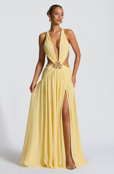 Vestido Longo com Decote em V e Broche - Indianna