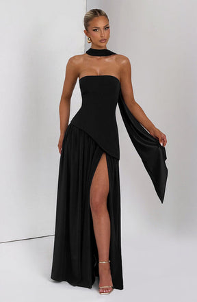 Vestido Feminino Longo Tomara que Caia com Gola Choker e Fenda – Chianti
