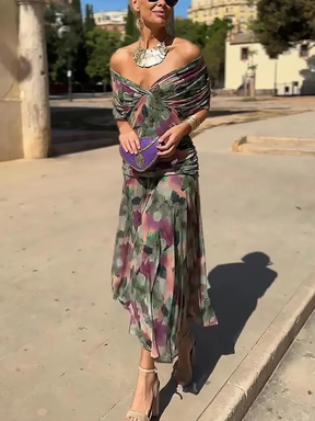 Vestido Feminino Longo Ombro a Ombro Estampado com Franzido – Positano