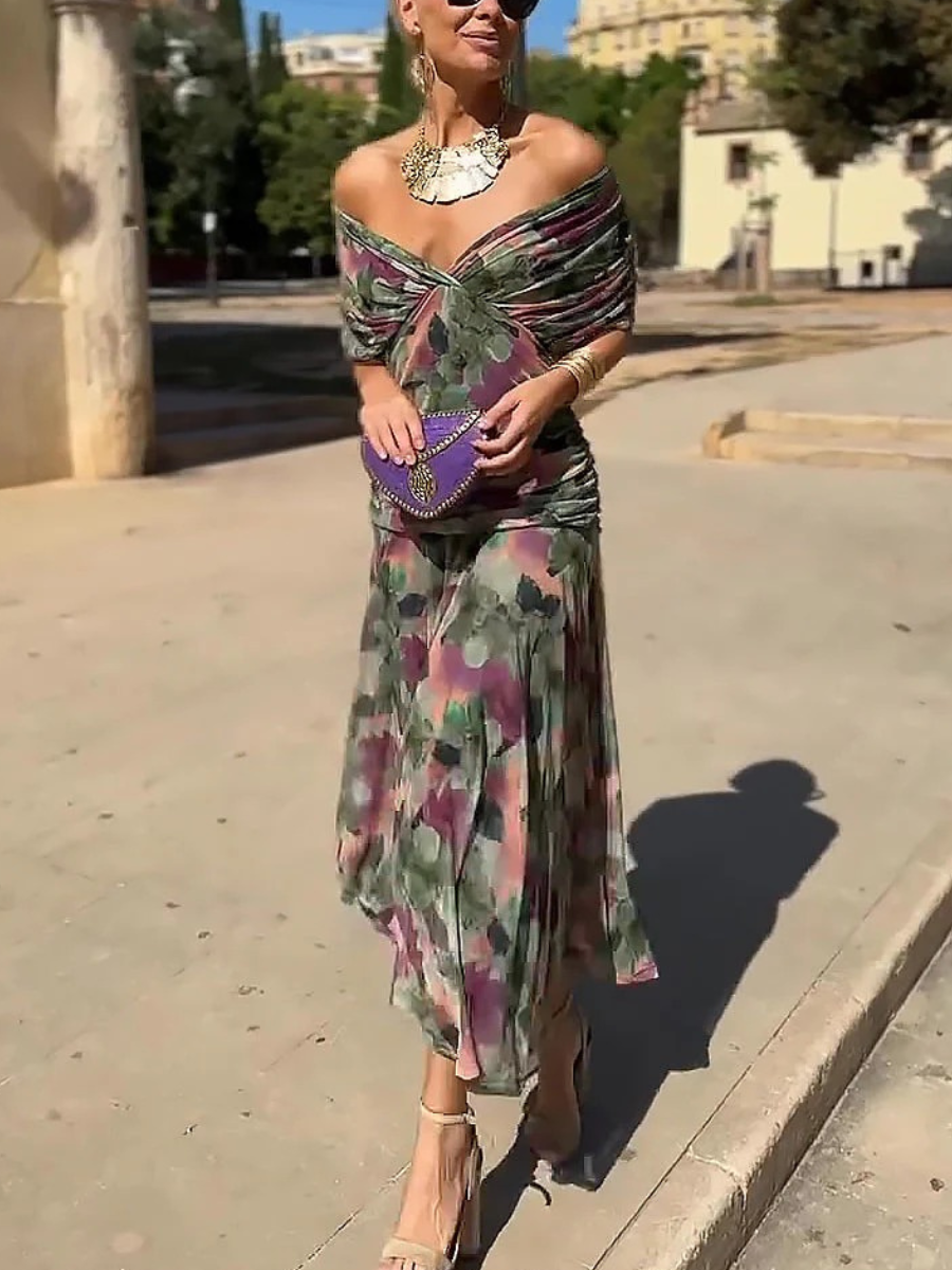 Vestido Feminino Longo Ombro a Ombro Estampado com Franzido – Positano