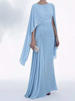 Vestido Feminino Longo Preto com Mangas Capa e Drapeado – Ônix
