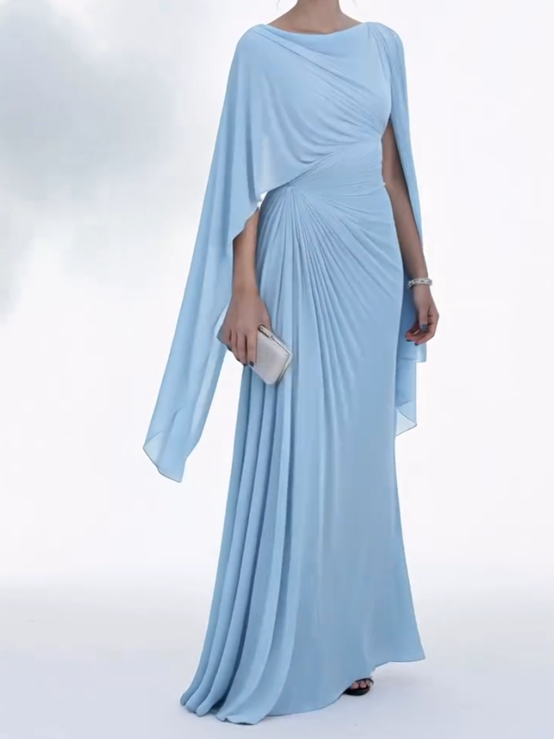 Vestido Feminino Longo Preto com Mangas Capa e Drapeado – Ônix